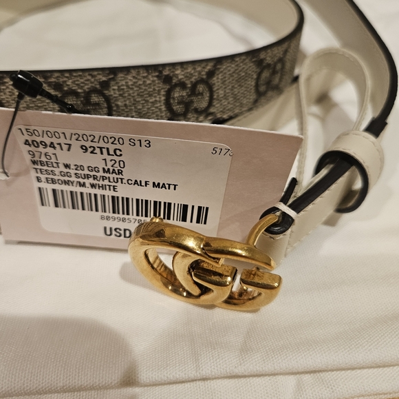 Share Gucci Gg Marmont Thin Gg Supreme Canvas & Leather Belt Women's White Size - Picture 7 of 7